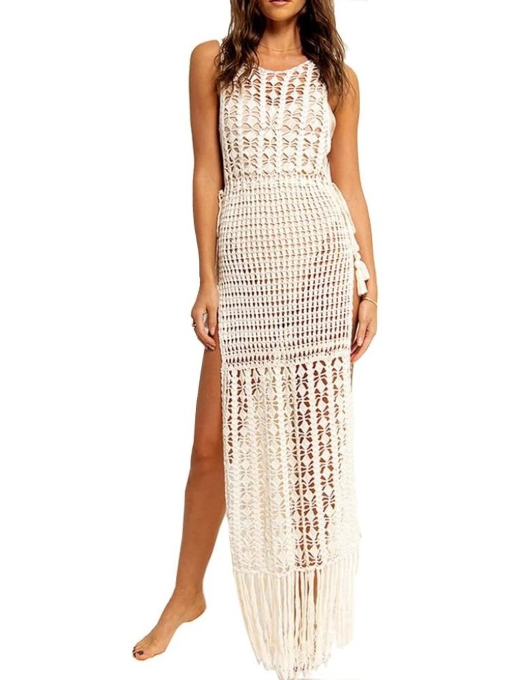 Women's White 1 Sleeveless Boho Crochet Fringe Maxi Side Slit Swimsuit Cover UPS